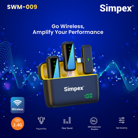 Simpex SWM-009 2-in-1 Wireless Microphone System | Active Noise Cancellation, 50m Range, 8Hrs for Smartphone