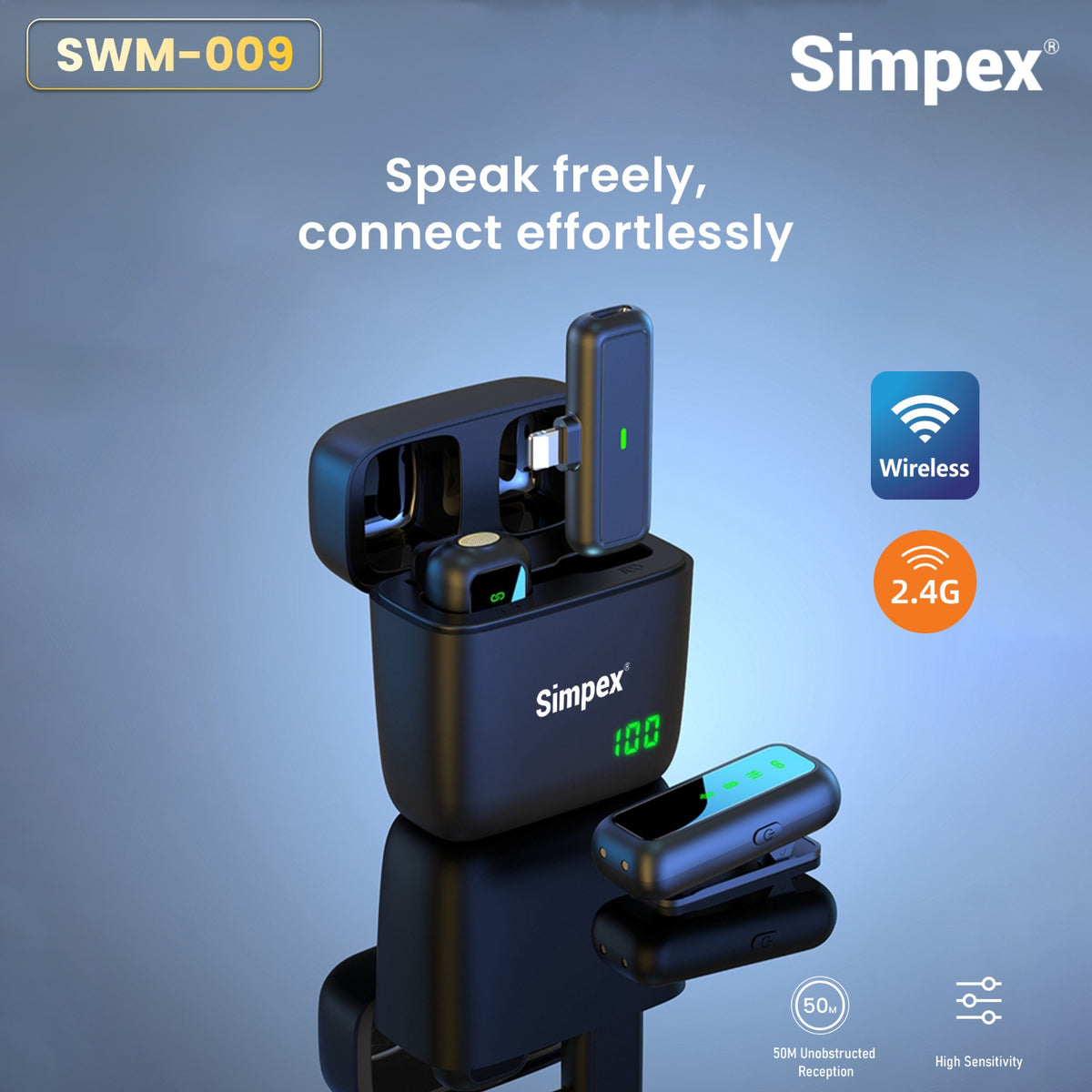 Simpex SWM-009 2-in-1 Wireless Microphone System | Active Noise Cancellation, 50m Range, 8Hrs for Smartphone