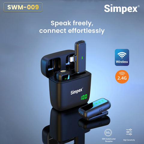 Simpex SWM-009 2-in-1 Wireless Microphone System | Active Noise Cancellation, 50m Range, 8Hrs for Smartphone