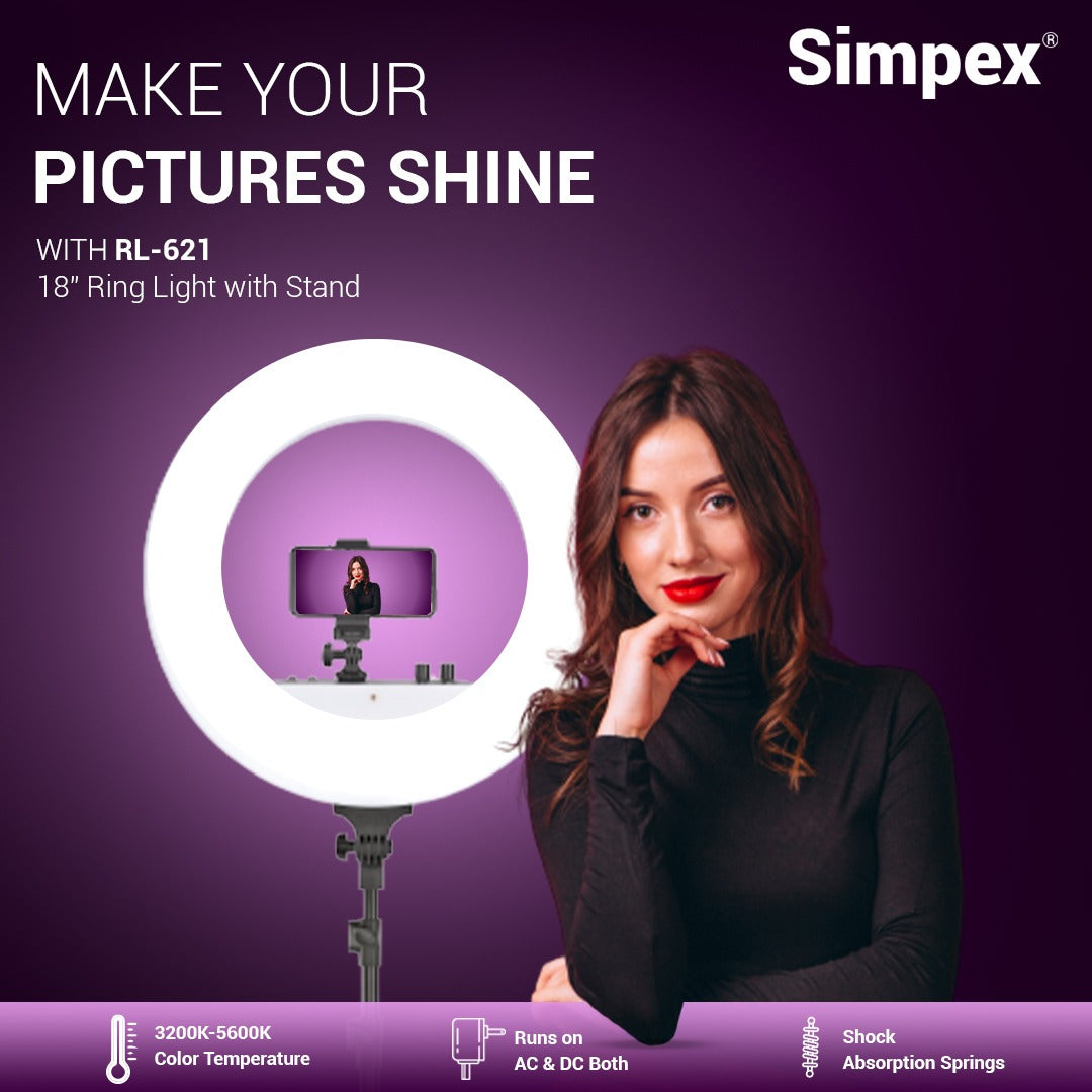 Simpex RL-621 18 Inch Bi-Colour LED Ring Light with Light Stand | for Makeup Vlogging YouTube Photography