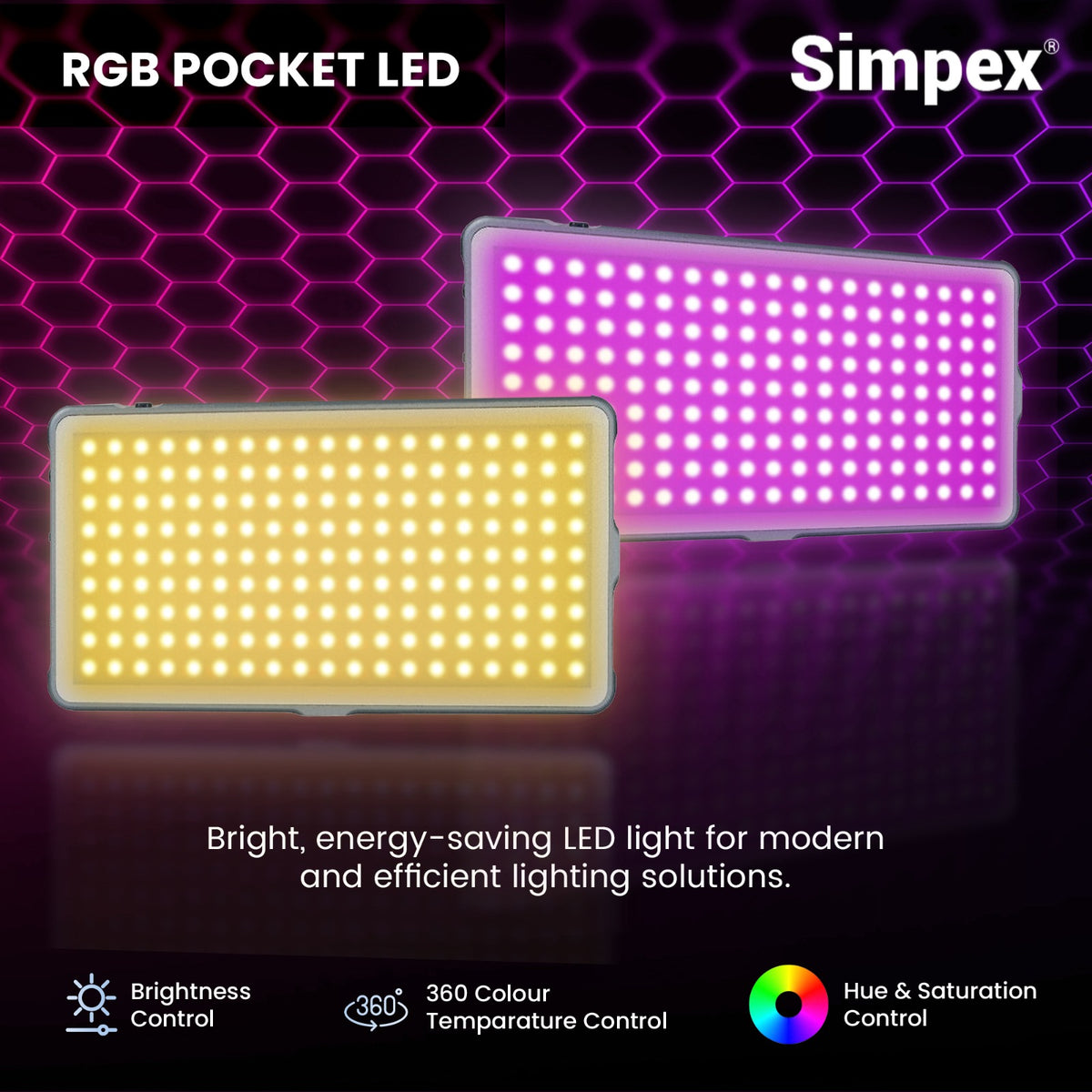 Simpex RGB-200 12W Portable RGB LED Video Light | 4000mAh Battery, CRI 97+, 14 Preset FX Effects