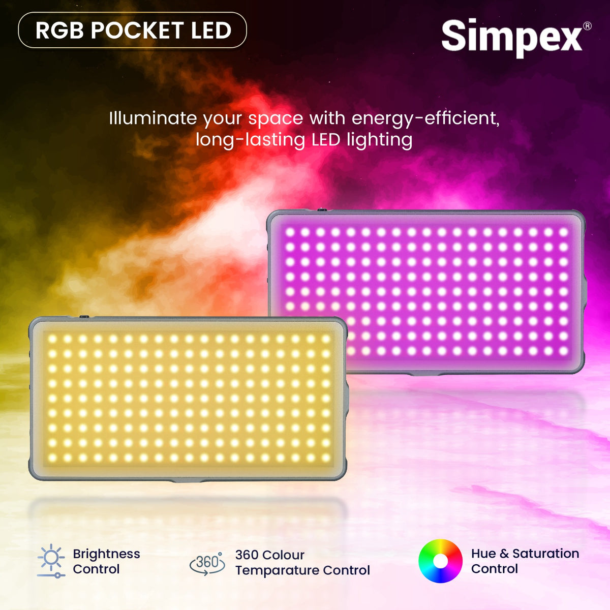 Simpex RGB-200 12W Portable RGB LED Video Light | 4000mAh Battery, CRI 97+, 14 Preset FX Effects