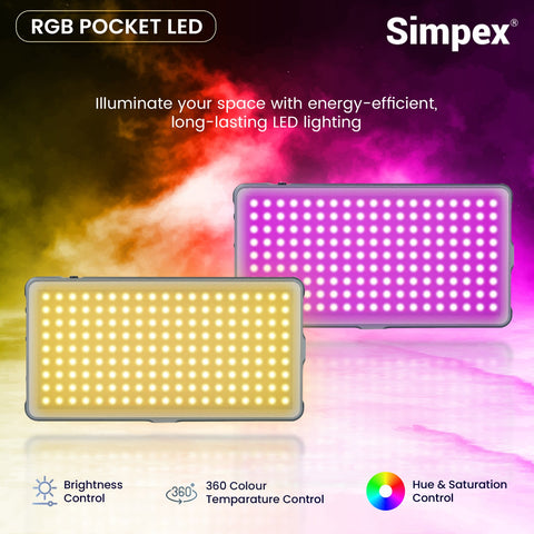 Simpex RGB-200 12W Portable RGB LED Video Light | 4000mAh Battery, CRI 97+, 14 Preset FX Effects
