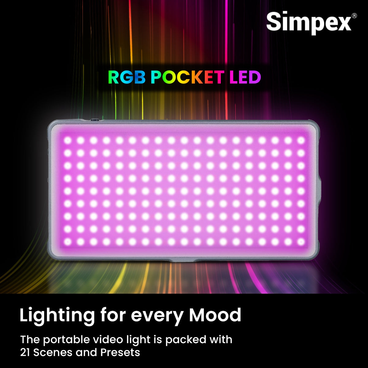 Simpex RGB-200 12W Portable RGB LED Video Light | 4000mAh Battery, CRI 97+, 14 Preset FX Effects