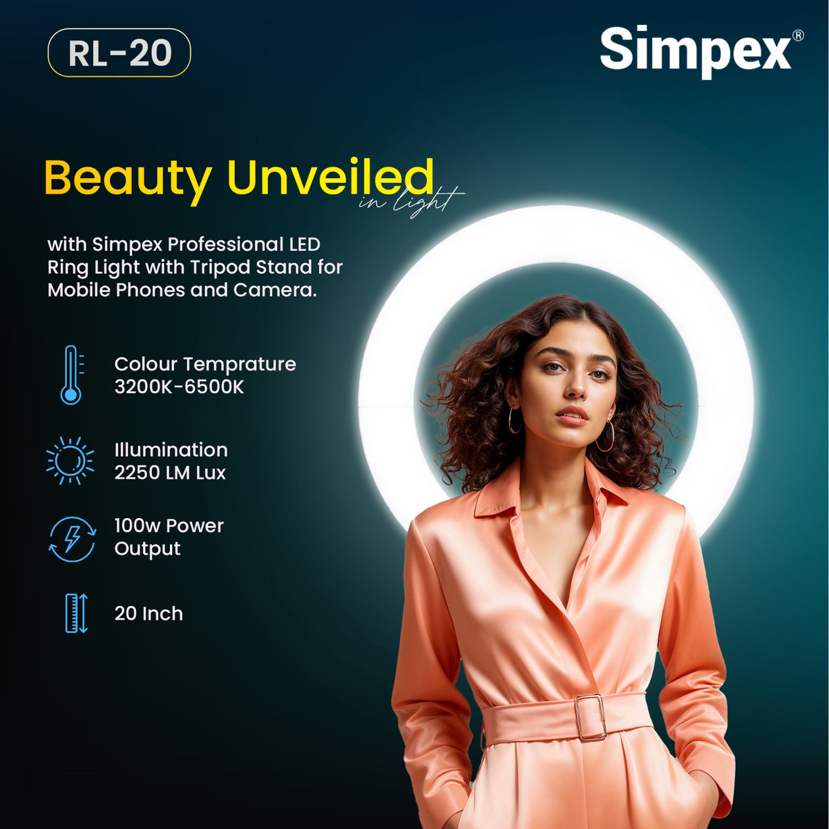 Simpex RL-20 20 Inch Professional LED Ring Light | AC/DC Power for Makeup Portrait Vlogging Live Streaming