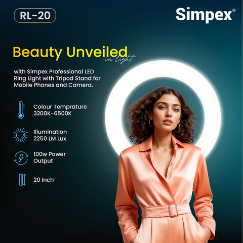 Simpex RL-20 20 Inch Professional LED Ring Light | AC/DC Power for Makeup Portrait Vlogging Live Streaming