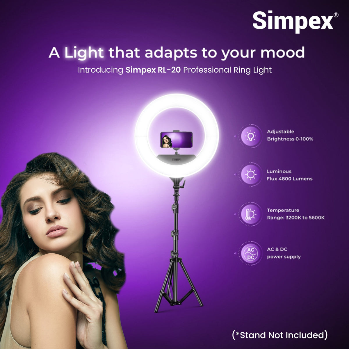 Simpex RL-20 20 Inch Professional LED Ring Light | AC/DC Power for Makeup Portrait Vlogging Live Streaming