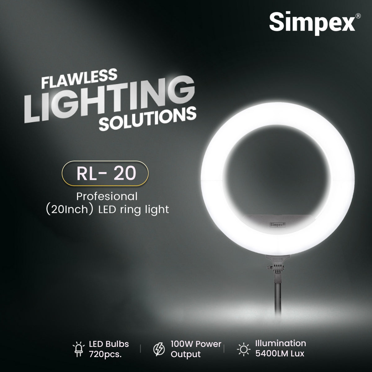Simpex RL-20 20 Inch Professional LED Ring Light | AC/DC Power for Makeup Portrait Vlogging Live Streaming