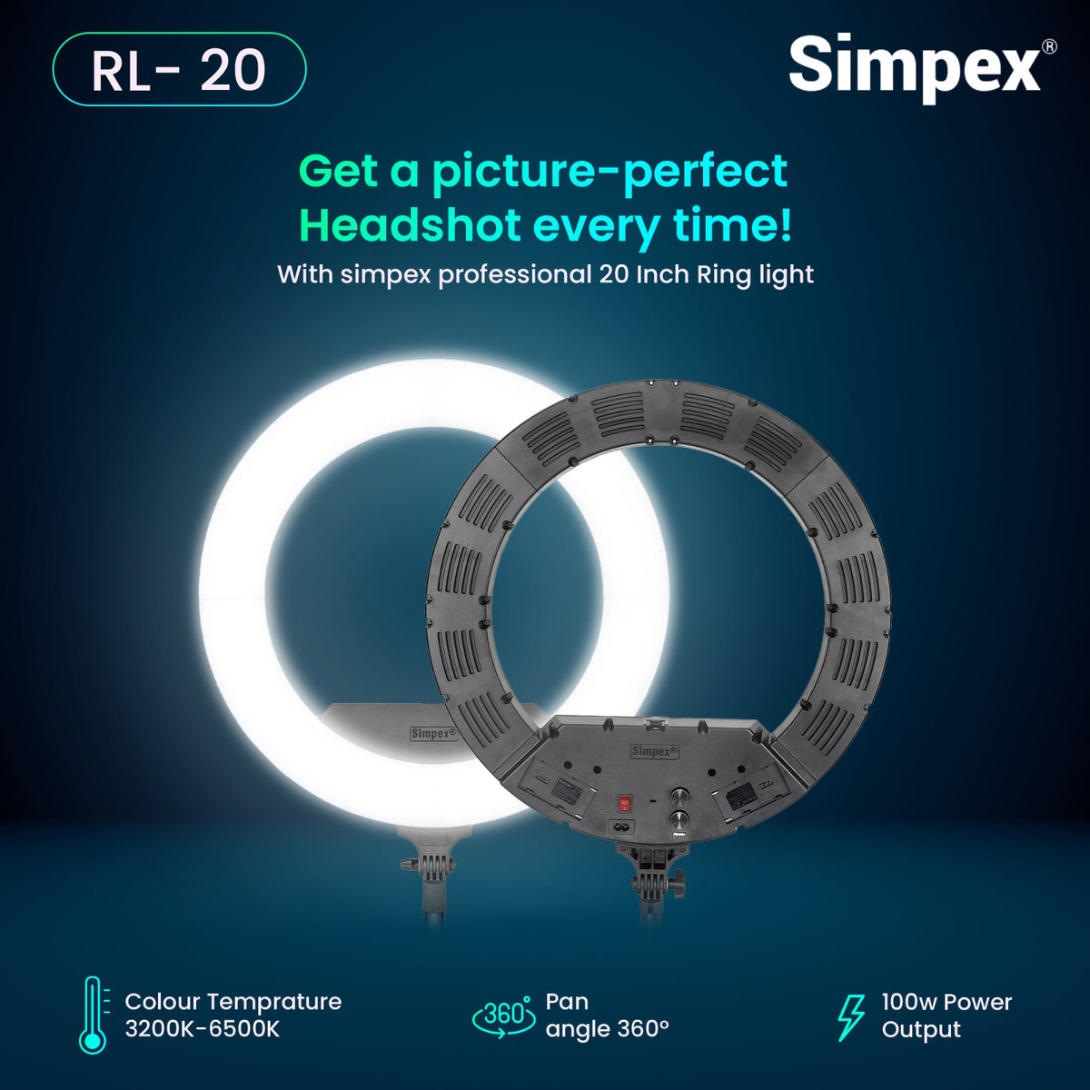 Simpex RL-20 20 Inch Professional LED Ring Light | AC/DC Power for Makeup Portrait Vlogging Live Streaming