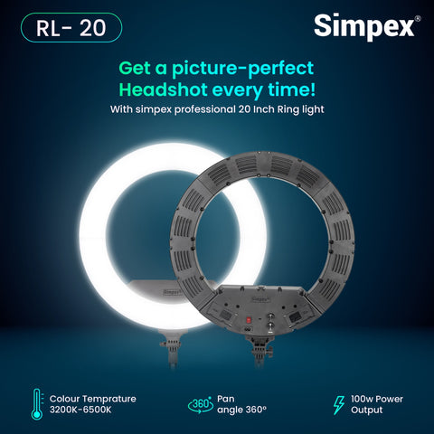 Simpex RL-20 20 Inch Professional LED Ring Light | AC/DC Power for Makeup Portrait Vlogging Live Streaming