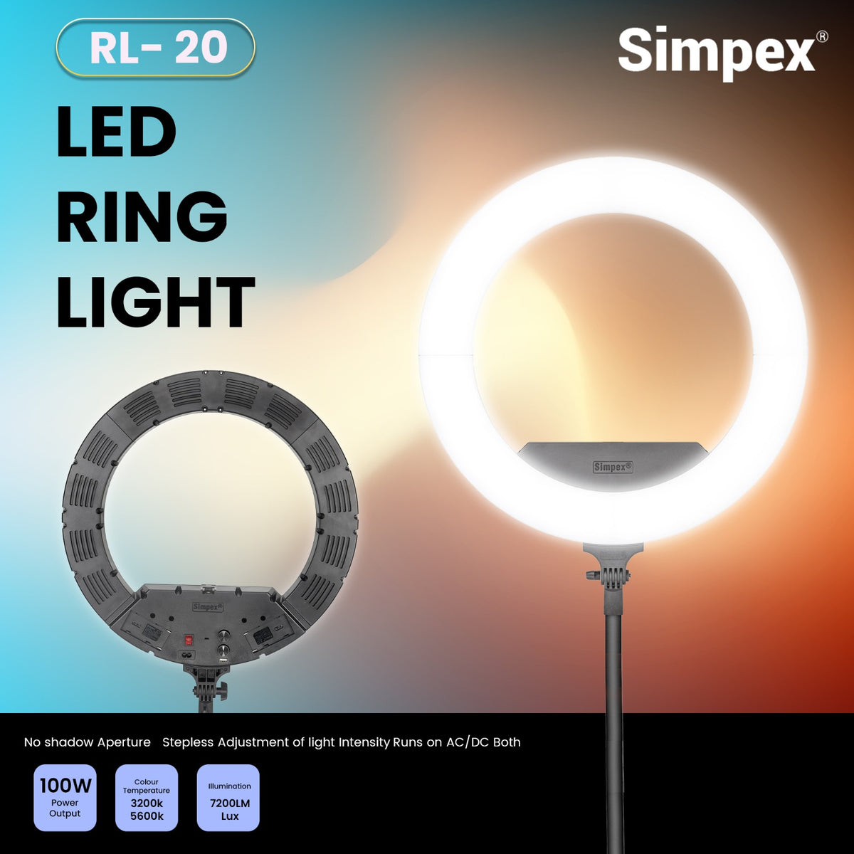 Simpex RL-20 20 Inch Professional LED Ring Light | AC/DC Power for Makeup Portrait Vlogging Live Streaming