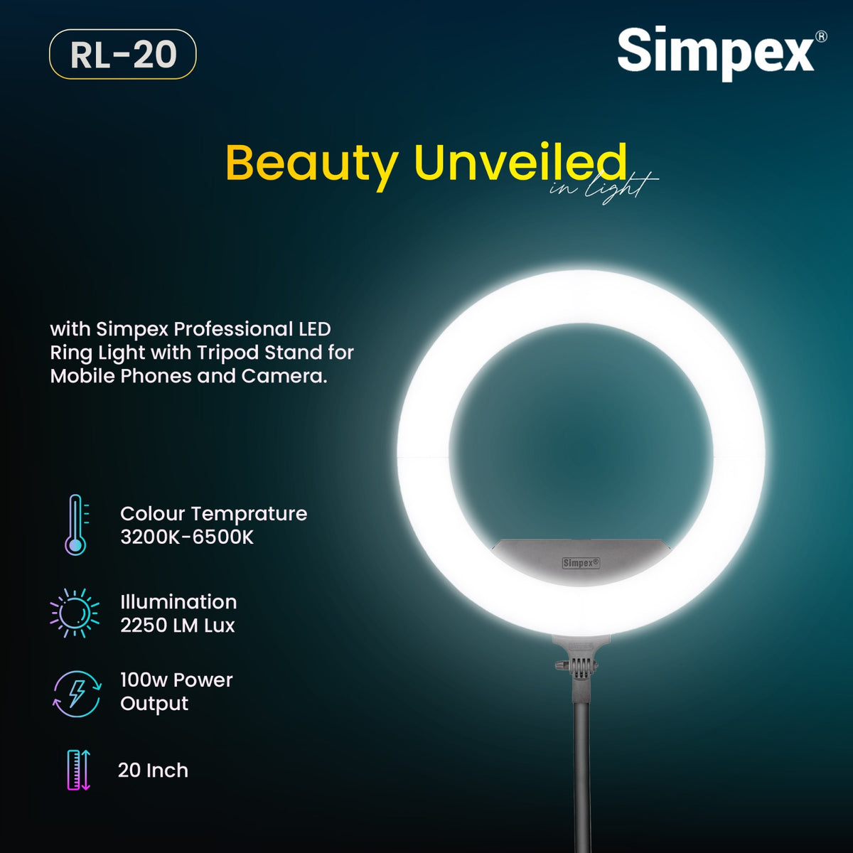 Simpex RL-20 20 Inch Professional LED Ring Light | AC/DC Power for Makeup Portrait Vlogging Live Streaming