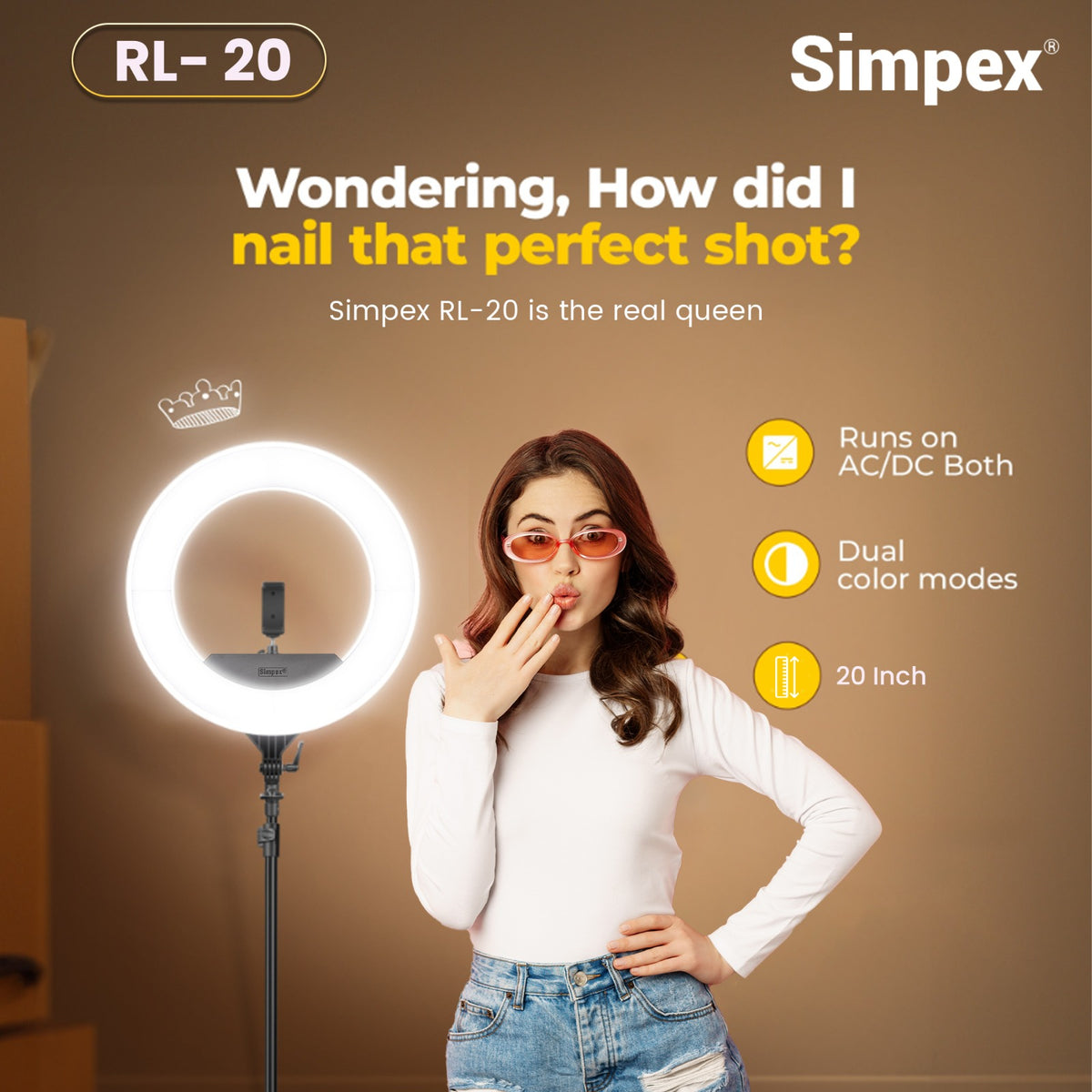 Simpex RL-20 20 Inch Professional LED Ring Light | AC/DC Power for Makeup Portrait Vlogging Live Streaming