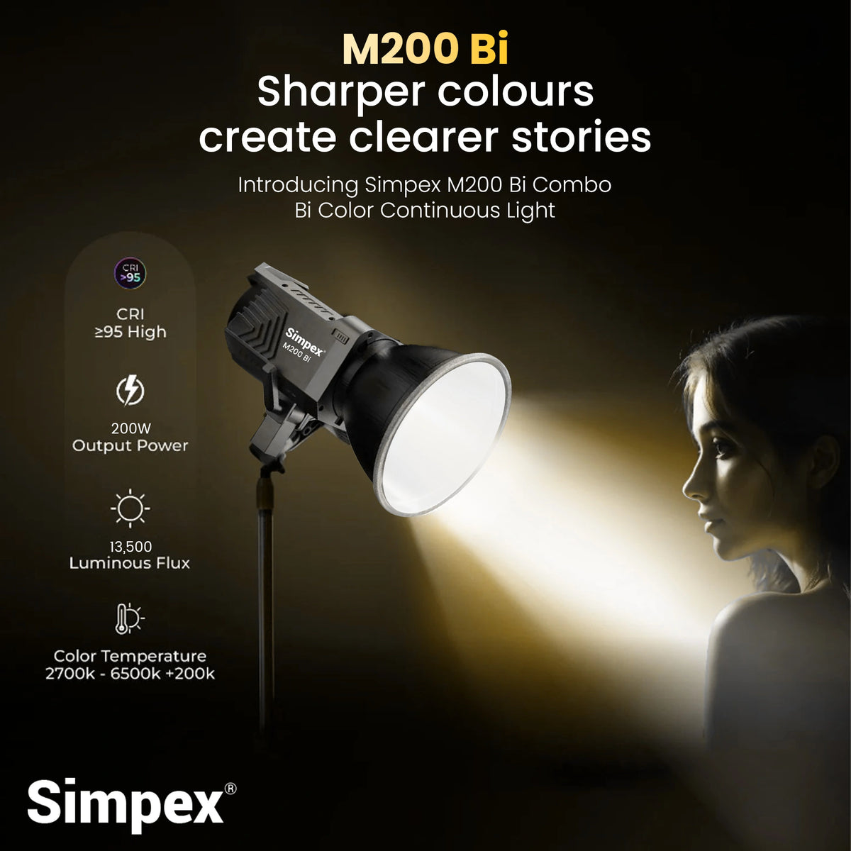 Simpex M-200Bi 200W Dual Colour Continuous LED Light | 18cm Reflector for Studio Photography Videography