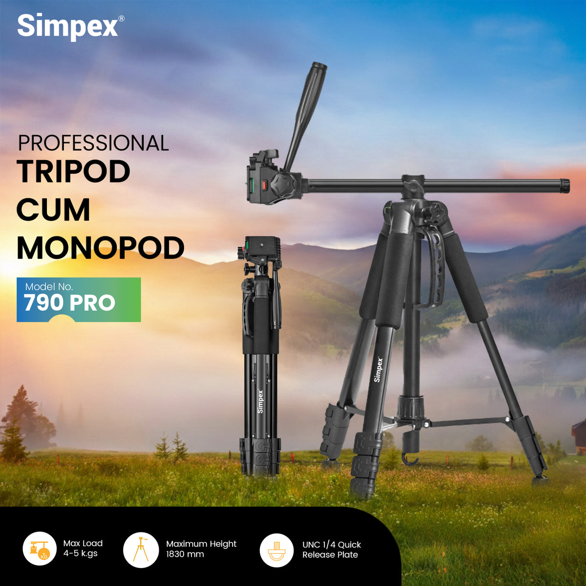 Simpex 790 PRO Professional Tripod Cum Monopod | Aluminium for DSLR Mirrorless Video Camera Photography