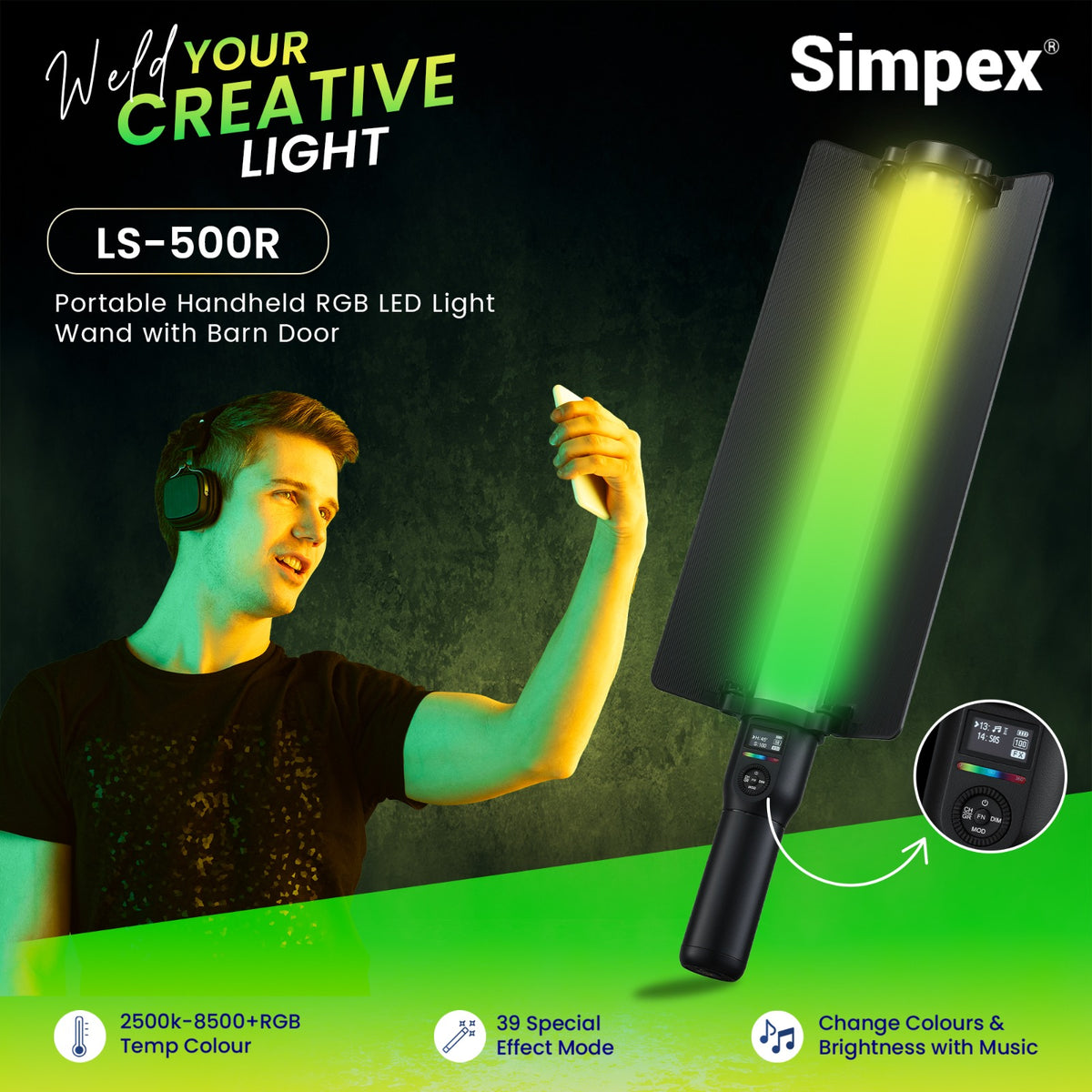 Simpex LS-500R Handheld RGB Stick Light | Full RGB Bi-Colour for Creative Photography Videography