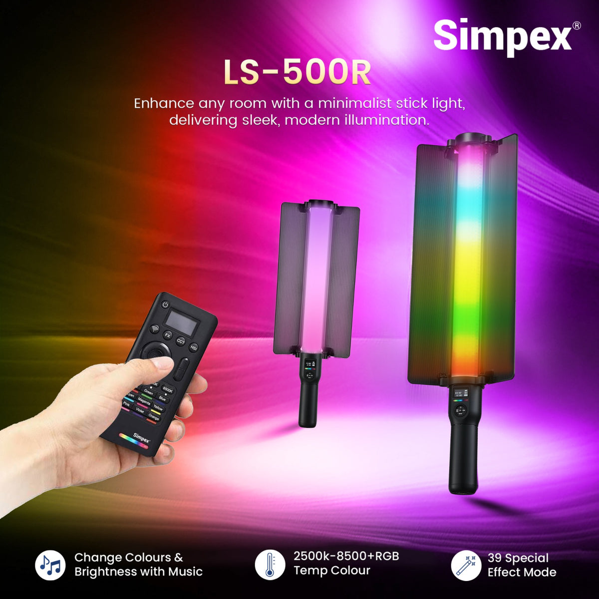 Simpex LS-500R Handheld RGB Stick Light | Full RGB Bi-Colour for Creative Photography Videography