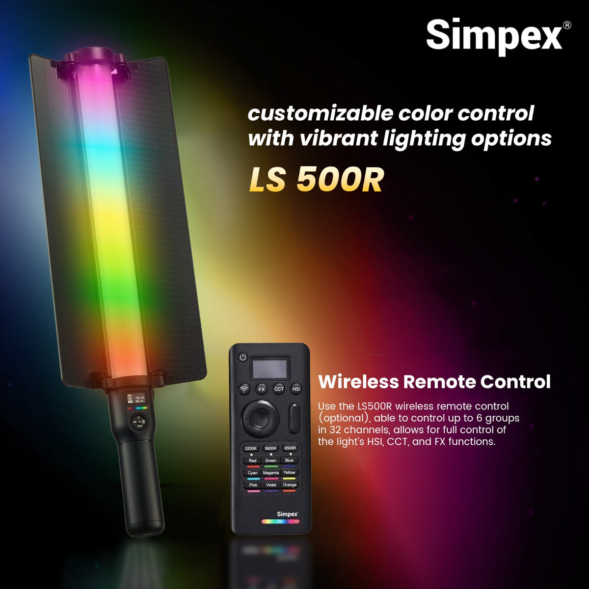 Simpex LS-500R Handheld RGB Stick Light | Full RGB Bi-Colour for Creative Photography Videography
