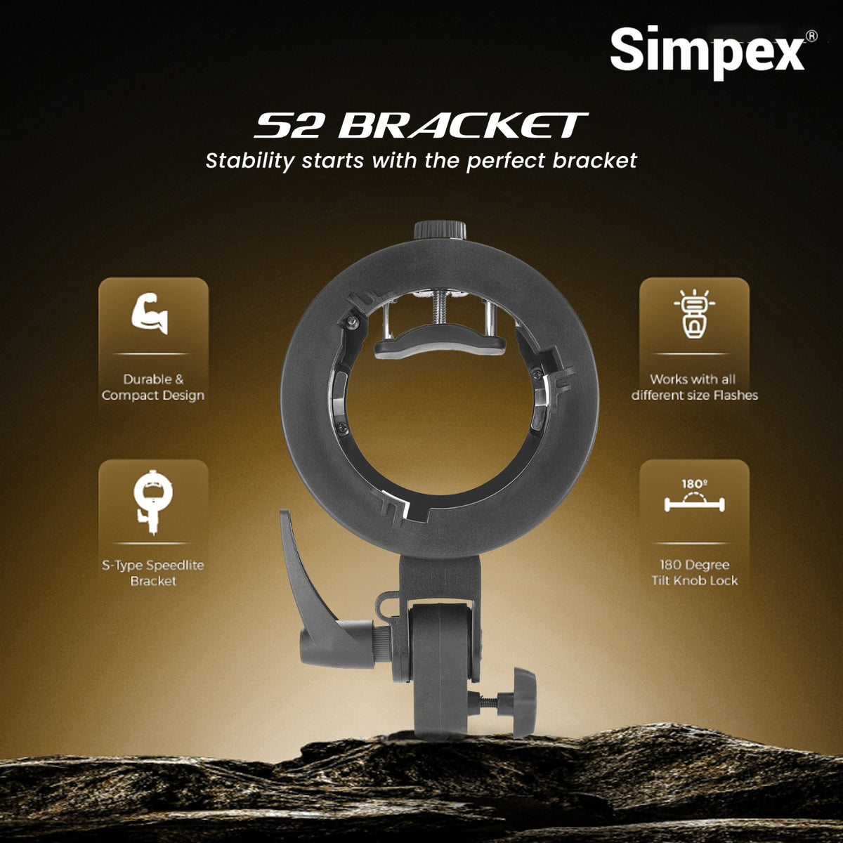 Simpex S2 Bracket Multipurpose Speedlite Flash Bracket | Off-Camera Flash, Umbrella Mount for Portrait Event Photography