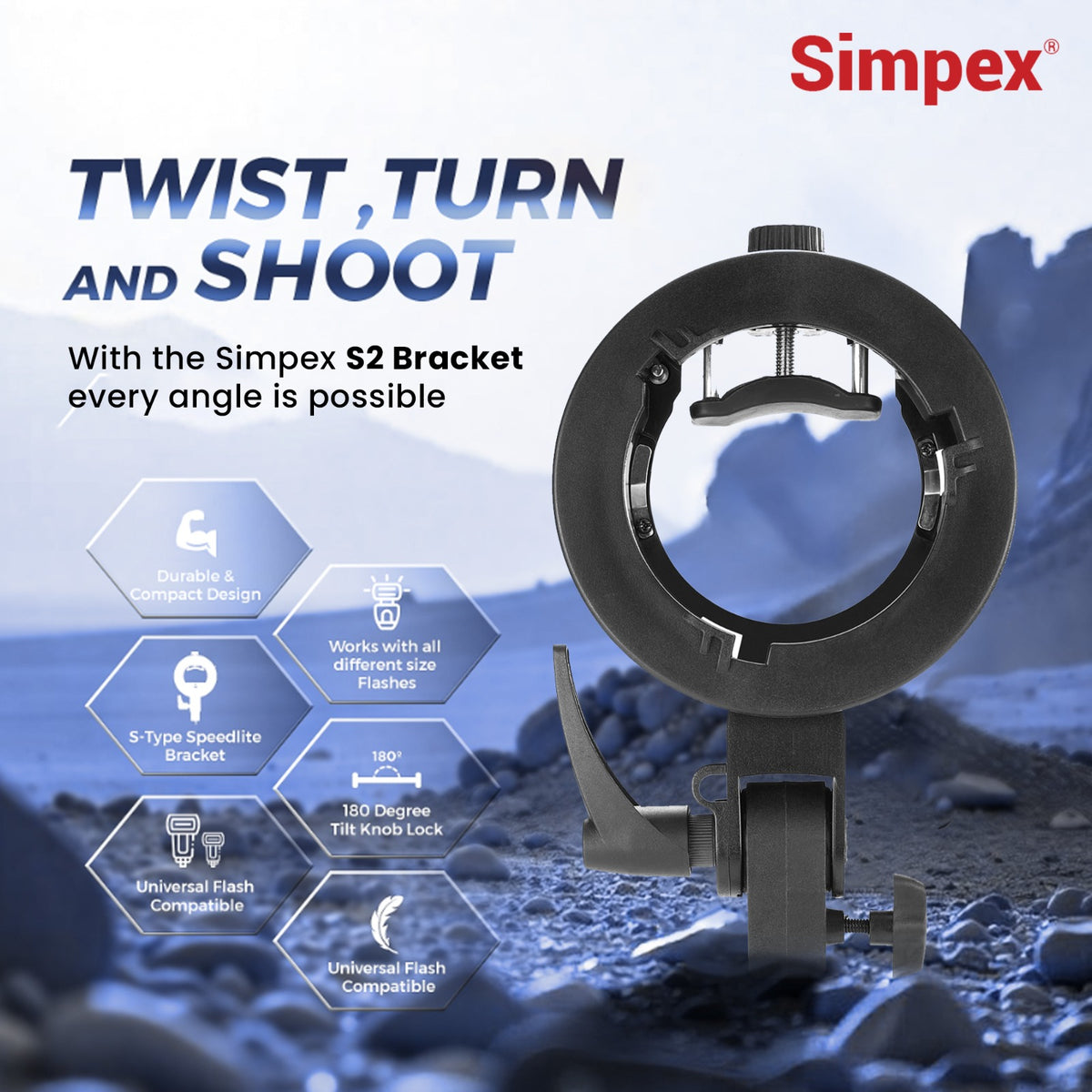 Simpex S2 Bracket Multipurpose Speedlite Flash Bracket | Off-Camera Flash, Umbrella Mount for Portrait Event Photography