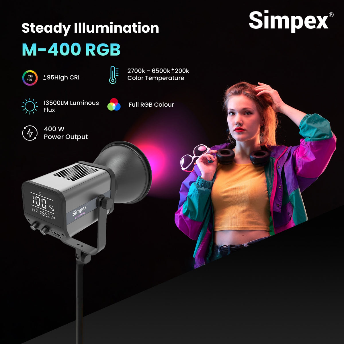 Simpex M-400R RGB Continuous LED Light | APP Controlled, Full RGB + Bi-Colour for Studio Commercial Photography