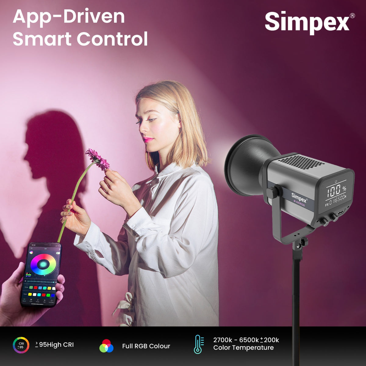 Simpex M-400R RGB Continuous LED Light | APP Controlled, Full RGB + Bi-Colour for Studio Commercial Photography
