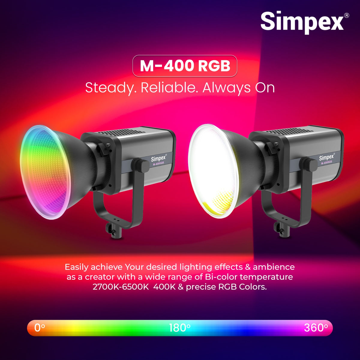 Simpex M-400R RGB Continuous LED Light | APP Controlled, Full RGB + Bi-Colour for Studio Commercial Photography