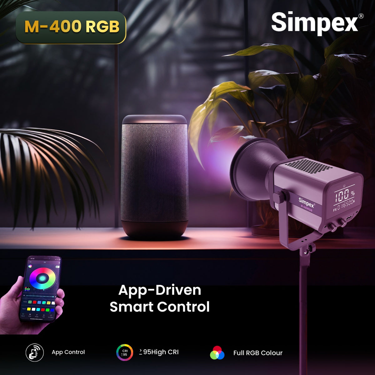 Simpex M-400R RGB Continuous LED Light | APP Controlled, Full RGB + Bi-Colour for Studio Commercial Photography