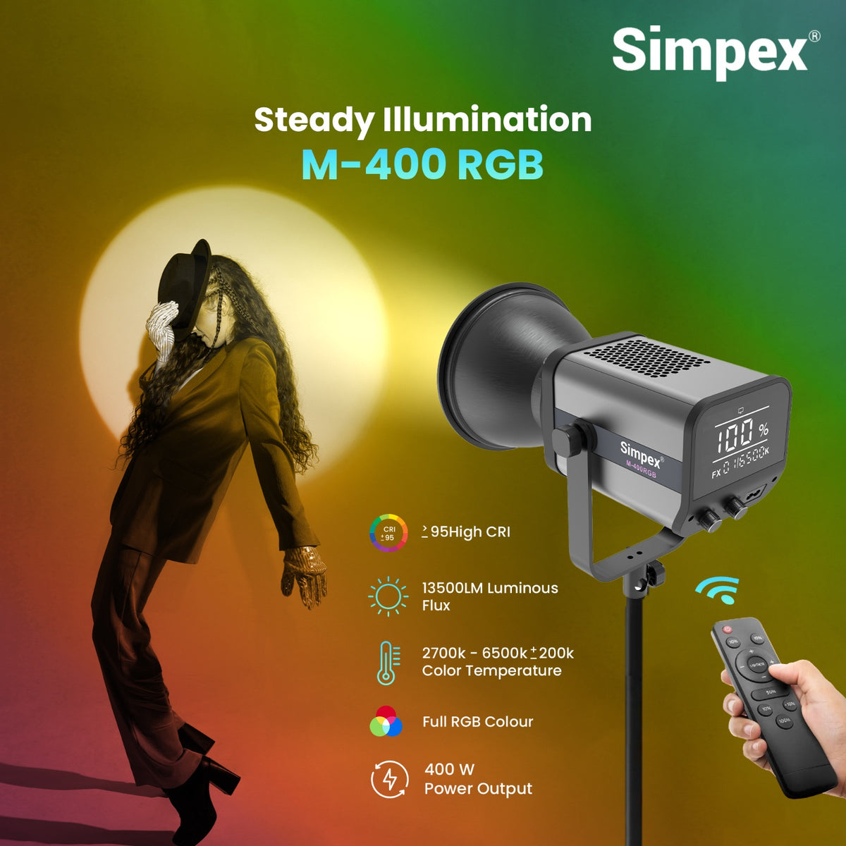 Simpex M-400R RGB Continuous LED Light | APP Controlled, Full RGB + Bi-Colour for Studio Commercial Photography