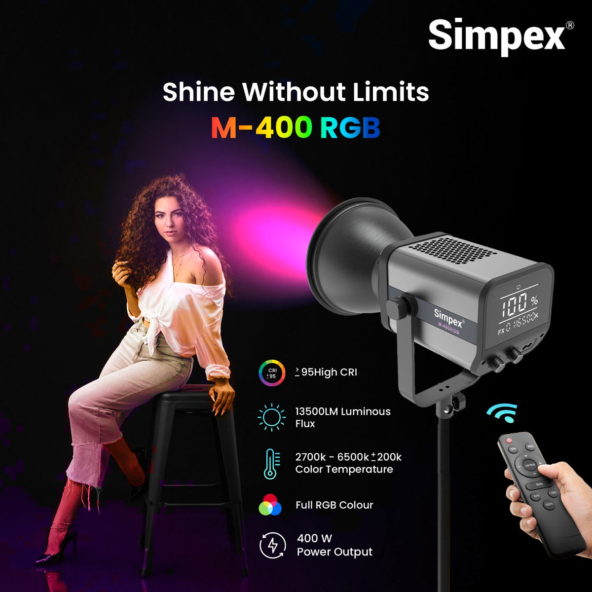 Simpex M-400R RGB Continuous LED Light | APP Controlled, Full RGB + Bi-Colour for Studio Commercial Photography
