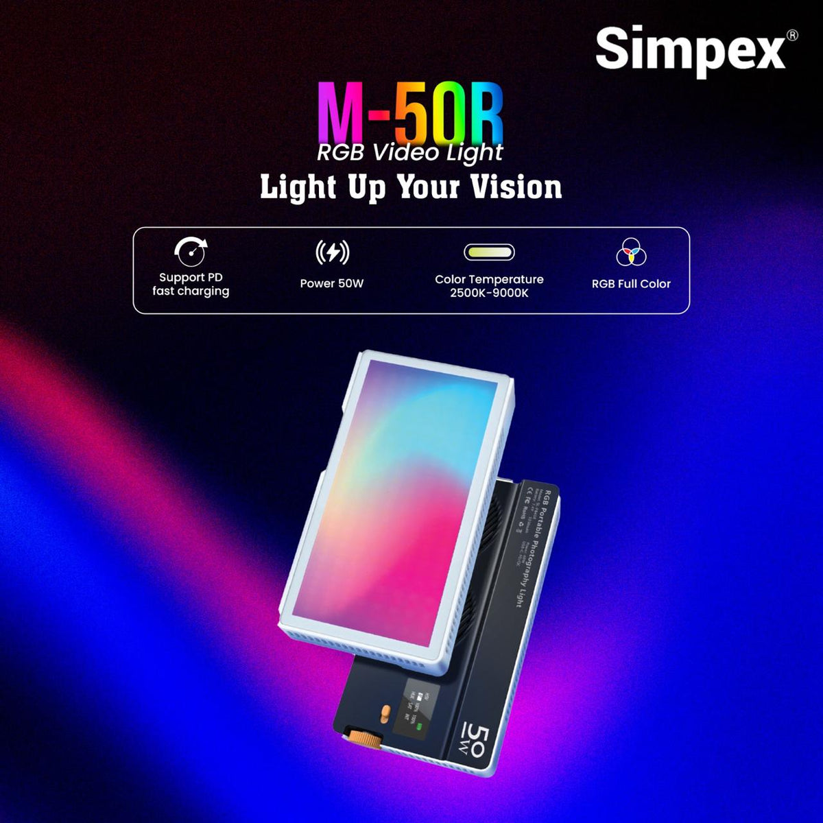 Simpex M-50R 50W Pocket RGB Video Light | 6700mAh Battery, LCD Display, RGB CCT FX Modes