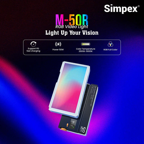 Simpex M-50R 50W Pocket RGB Video Light | 6700mAh Battery, LCD Display, RGB CCT FX Modes