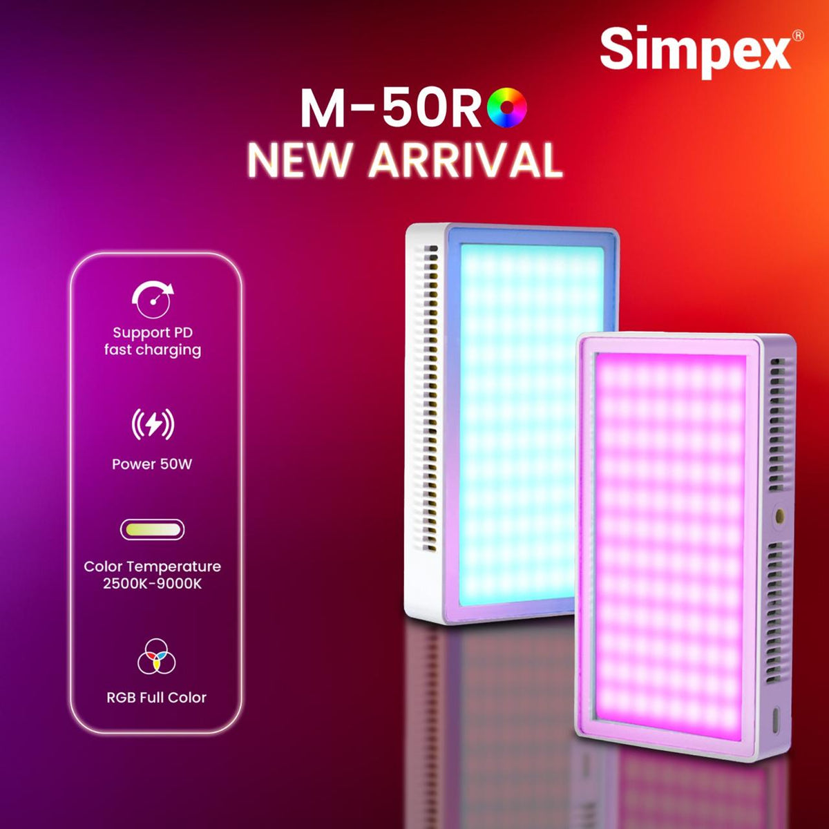 Simpex M-50R 50W Pocket RGB Video Light | 6700mAh Battery, LCD Display, RGB CCT FX Modes