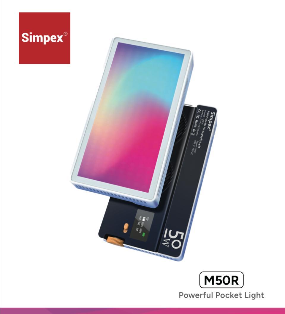 Simpex M-50R 50W Pocket RGB Video Light | 6700mAh Battery, LCD Display, RGB CCT FX Modes