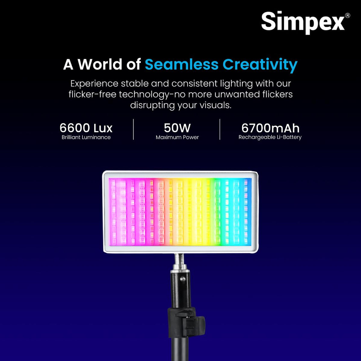 Simpex M-50R 50W Pocket RGB Video Light | 6700mAh Battery, LCD Display, RGB CCT FX Modes