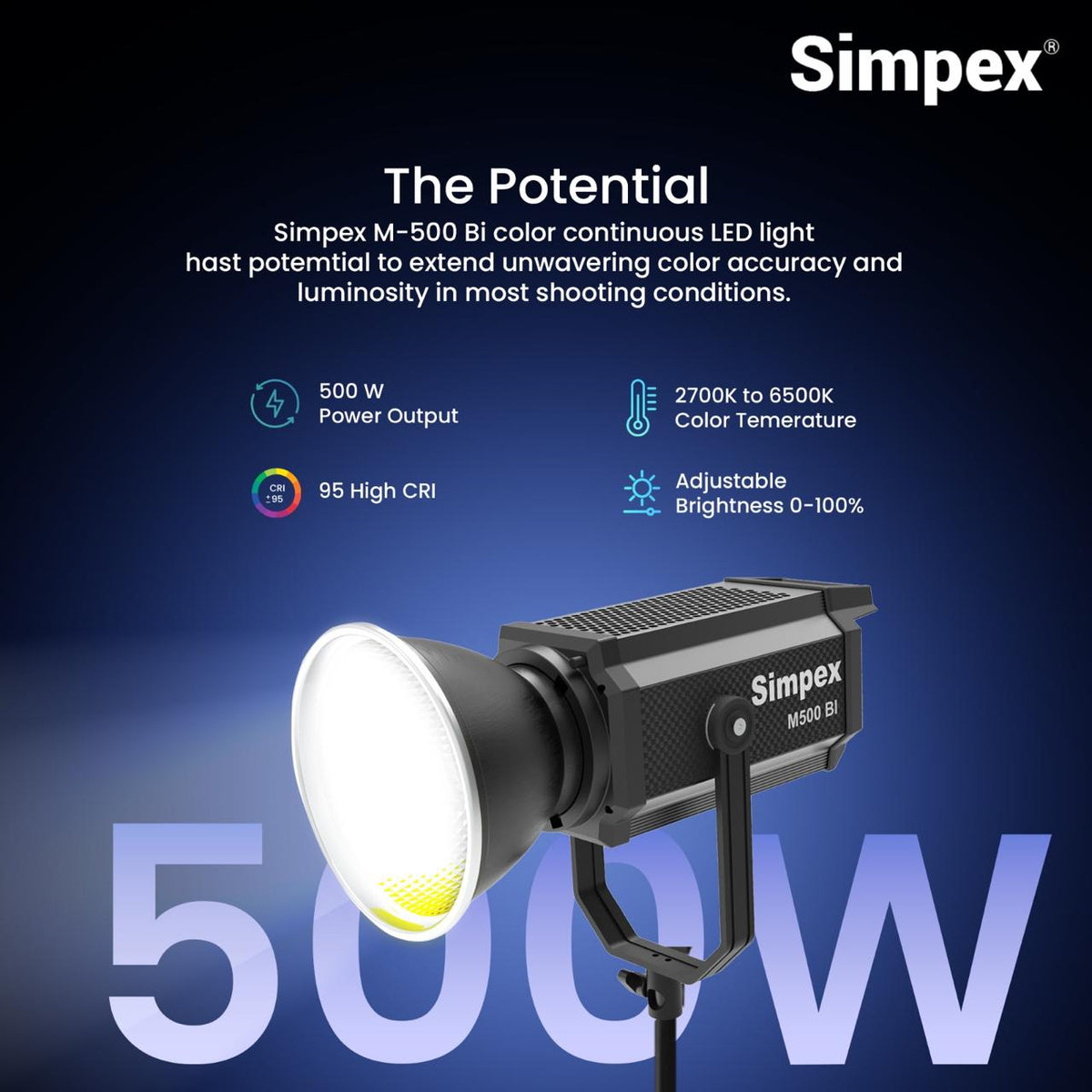 Simpex M-500Bi 500W High Performance Continuous LED Light | Bi-Colour Professional Studio Film Photography