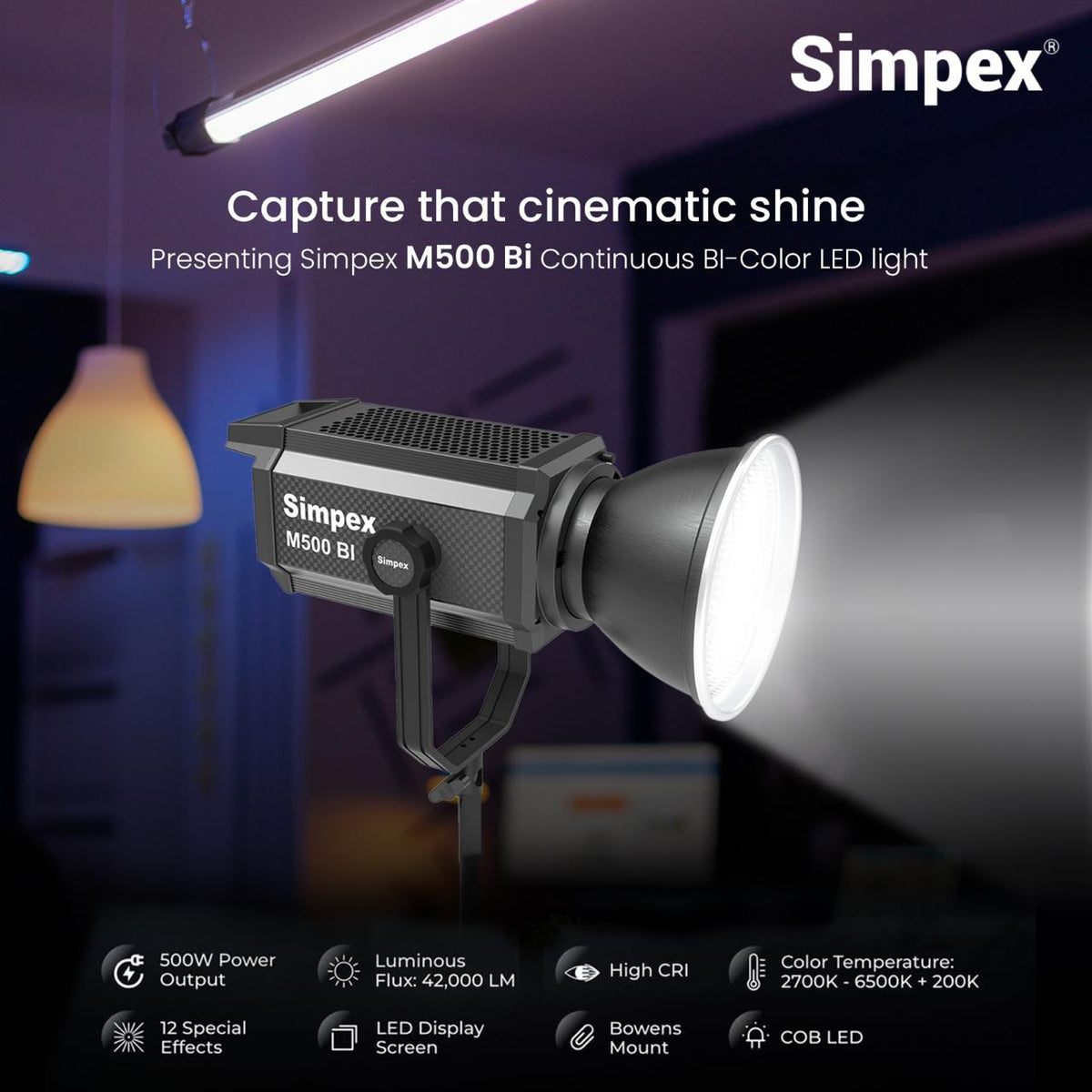 Simpex M-500Bi 500W High Performance Continuous LED Light | Bi-Colour Professional Studio Film Photography