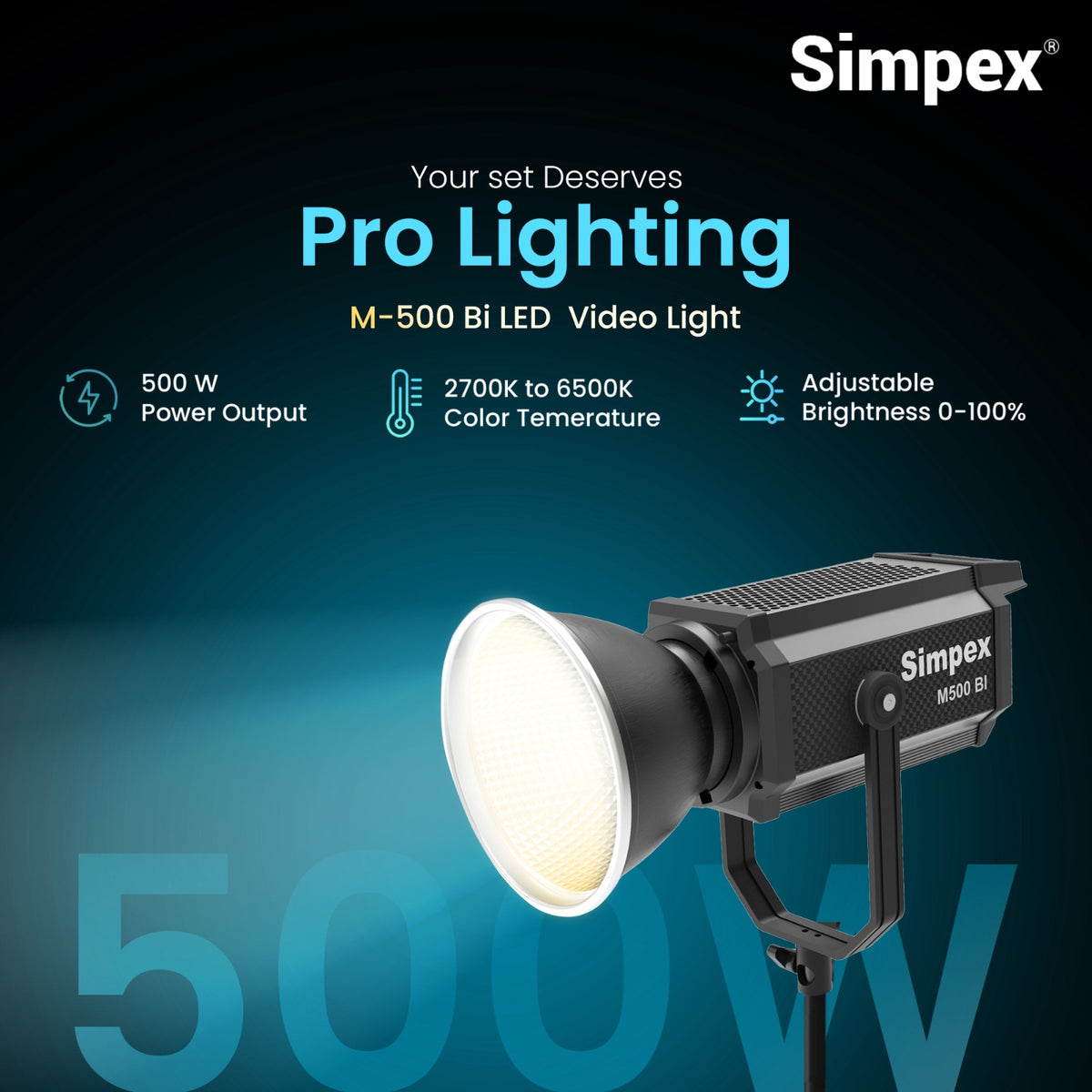 Simpex M-500Bi 500W High Performance Continuous LED Light | Bi-Colour Professional Studio Film Photography
