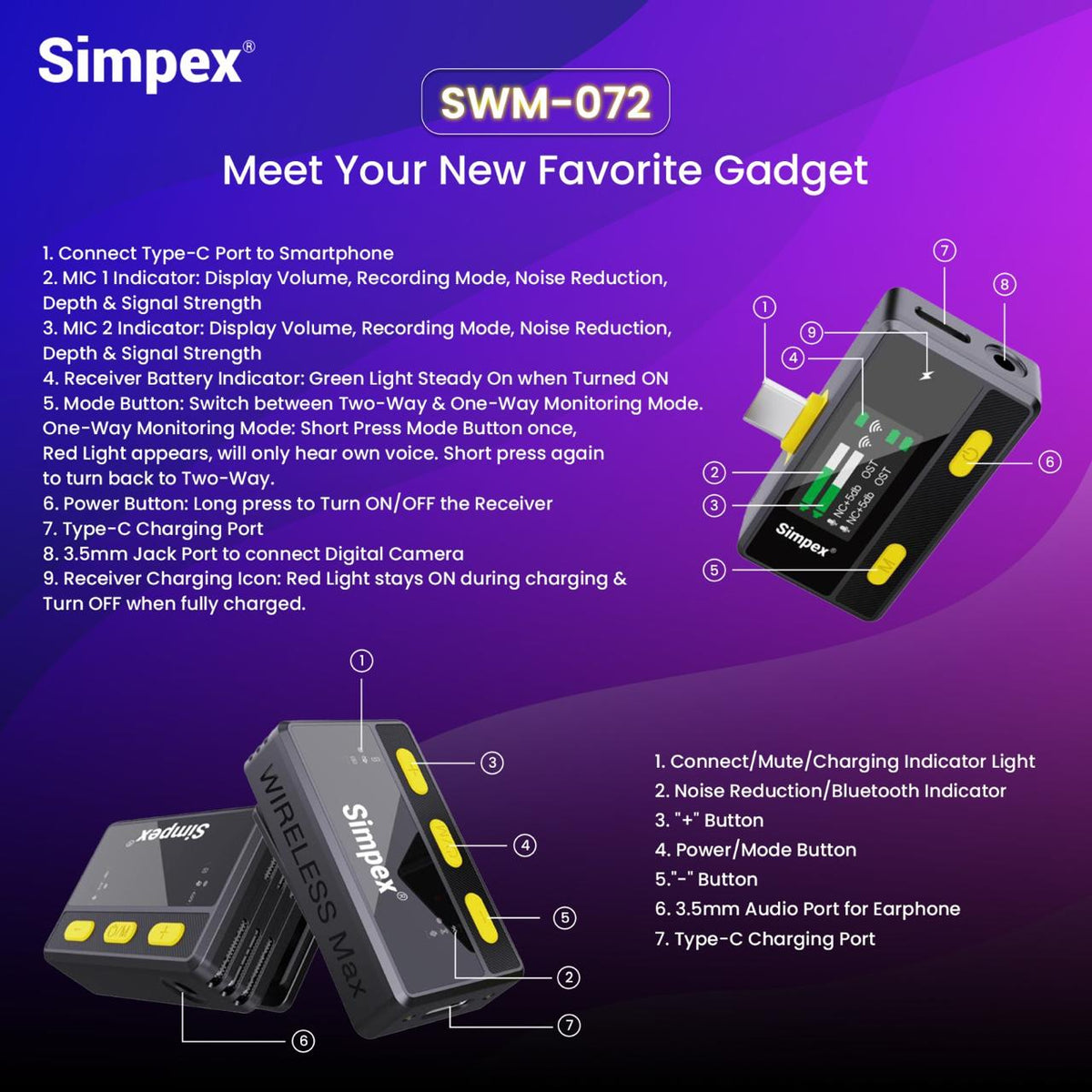 Simpex Mic-072 Wireless Microphone System | Remote Control, Noise Cancellation for Video Photography