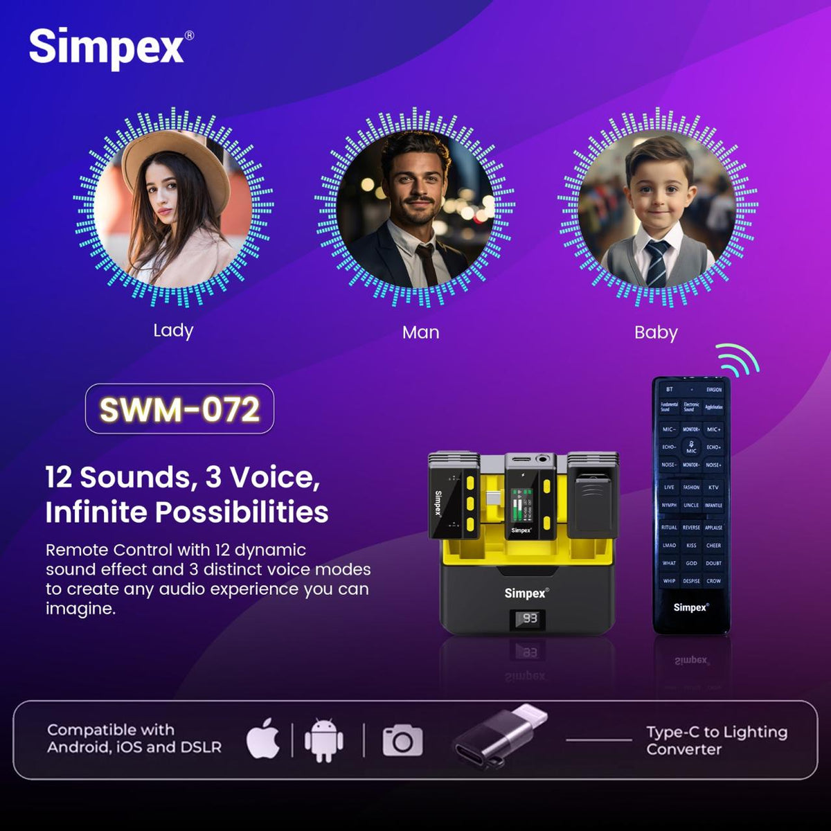 Simpex Mic-072 Wireless Microphone System | Remote Control, Noise Cancellation for Video Photography