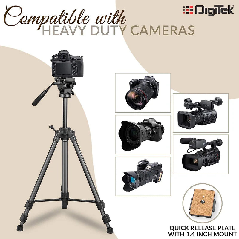 Digitek DPTR-880 PRO 165cm Platinum Aluminium Lightweight Tripod | Fluid Video Head, 6kg Load, 5.90ft for DSLR Camera