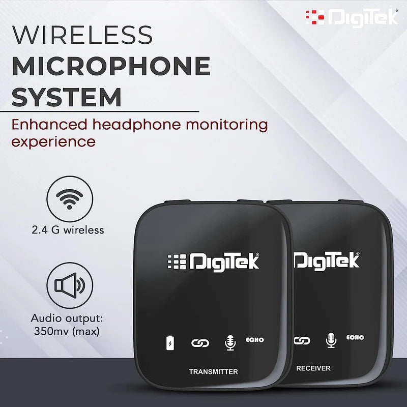 Digitek DWM-101 Wireless Microphone System | ANC Noise Reduction, 360° Sound, 100M Range, Real-Time Monitoring for DSLR, Smartphone