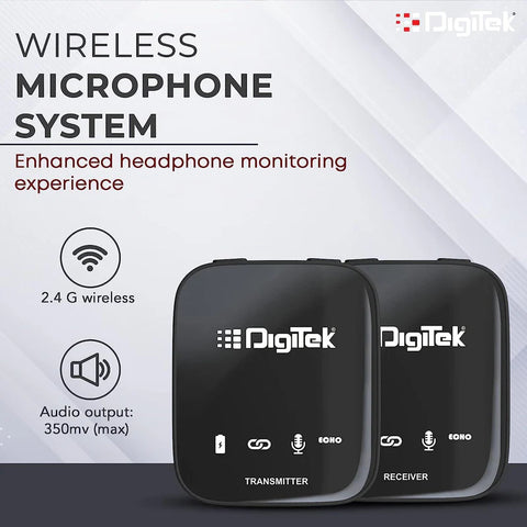 Digitek DWM-101 Wireless Microphone System | ANC Noise Reduction, 360° Sound, 100M Range, Real-Time Monitoring for DSLR, Smartphone