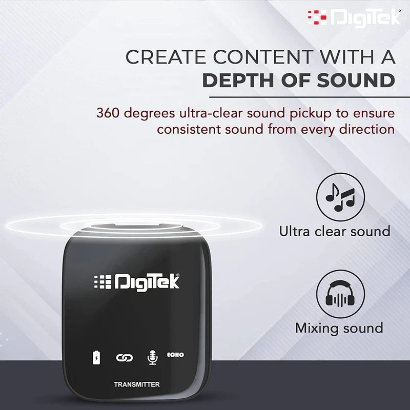 Digitek DWM-101 Wireless Microphone System | ANC Noise Reduction, 360° Sound, 100M Range, Real-Time Monitoring for DSLR, Smartphone