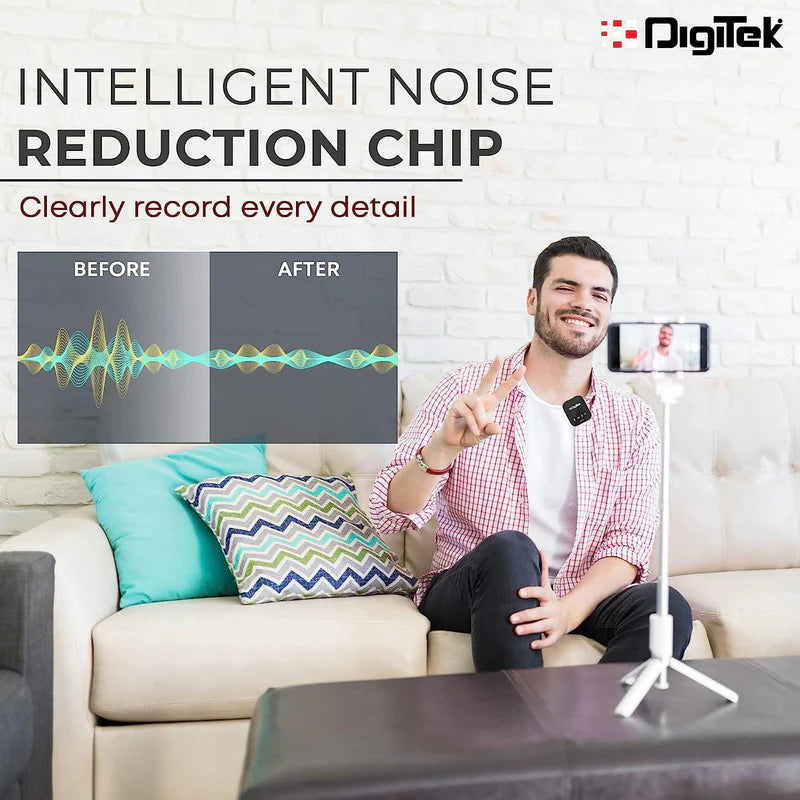 Digitek DWM-101 Wireless Microphone System | ANC Noise Reduction, 360° Sound, 100M Range, Real-Time Monitoring for DSLR, Smartphone