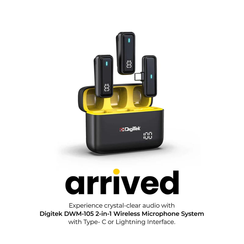 Digitek DWM-105 2-in-1 Wireless Microphone System | ANC Noise Reduction, 50M Range, 6Hr Battery for DSLR, Android, iOS