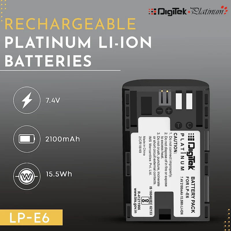 Digitek LP-E6 Platinum 2100mAh Rechargeable Li-ion Battery for Canon DSLR Cameras