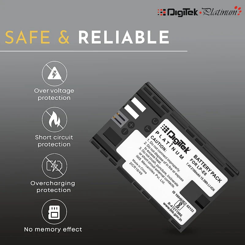 Digitek LP-E6 Platinum 2100mAh Rechargeable Li-ion Battery for Canon DSLR Cameras