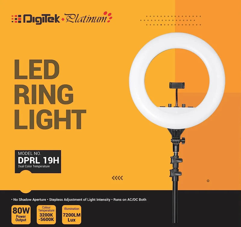 Digitek Platinum DPRL-19H Professional LED Ring Light 80W | AC/DC Power, 7200LM, CRI 97+, 3200K-5600K, 360° Phone Holder