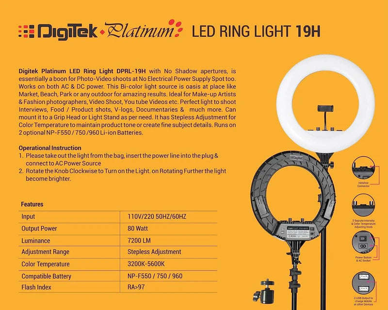 Digitek Platinum DPRL-19H Professional LED Ring Light 80W | AC/DC Power, 7200LM, CRI 97+, 3200K-5600K, 360° Phone Holder